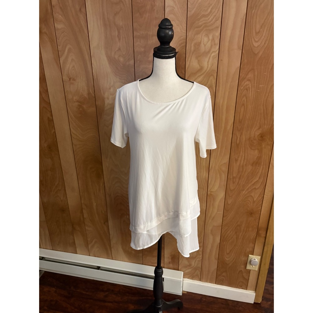 Zenana Outfitters Cream Asymmetrical Layered Tunic Top Short Sleeve M